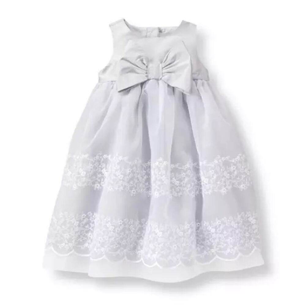 Janie & Jack Floral Embroidered Dress Dove Grey Silk Duppioni & Organza Size 3